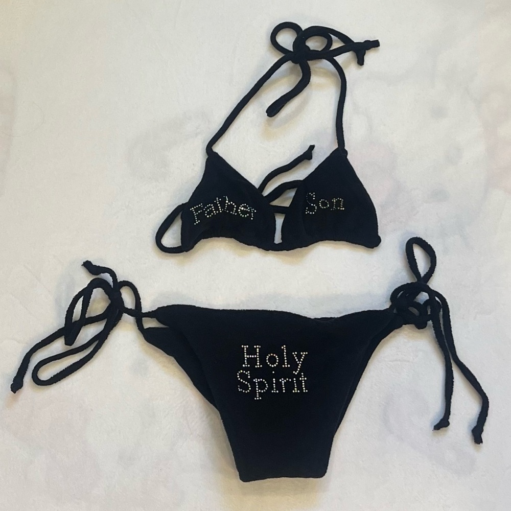 Praying Holy Trinity Bikini Set - Black Rhinestone XS Top / L Bottoms